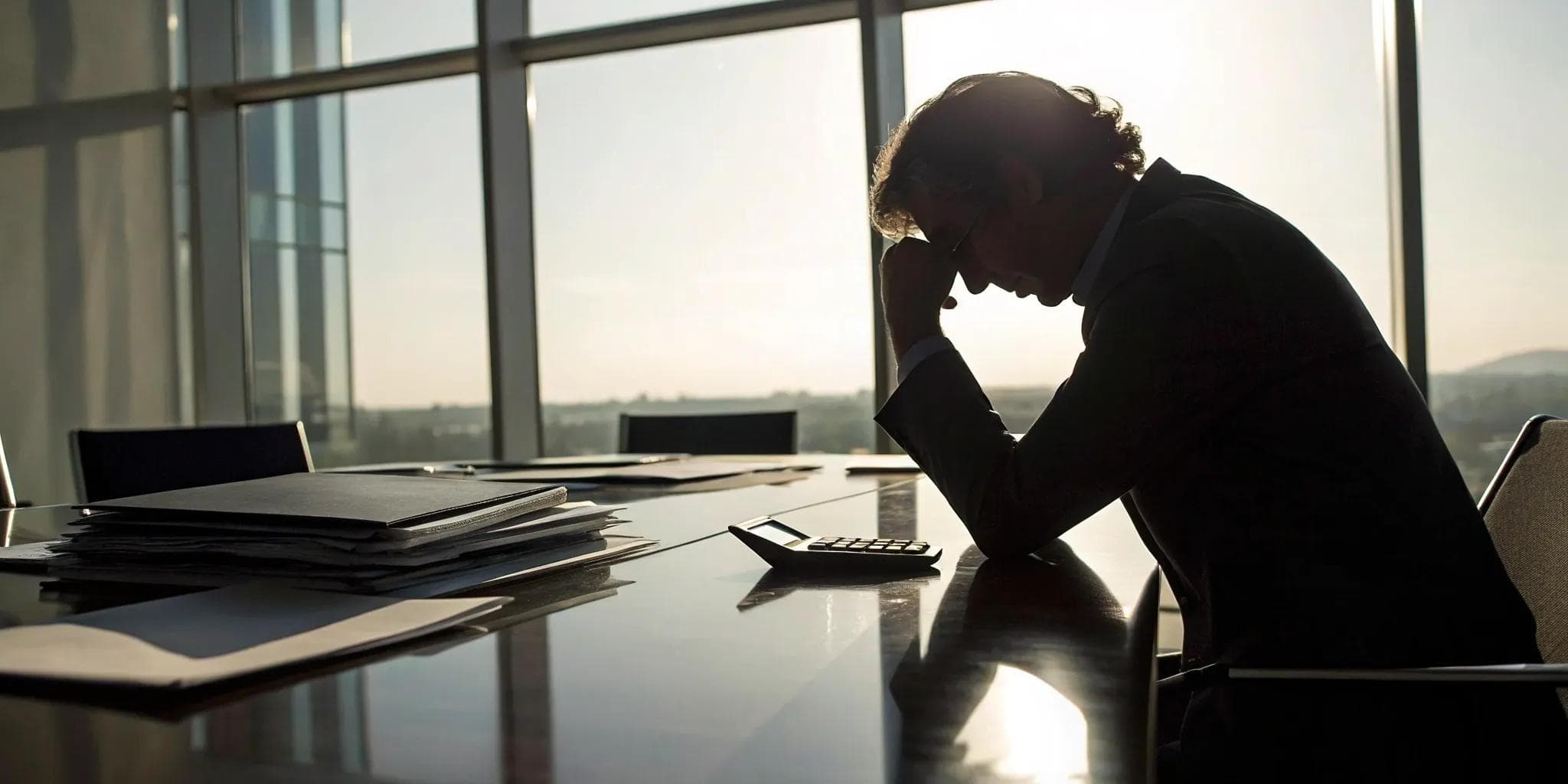 A business owner stressed by cash flow problems while reviewing paperwork at a desk.